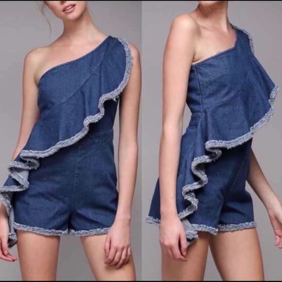 One Shoulder Denim Romper - Picture 5 of 5
